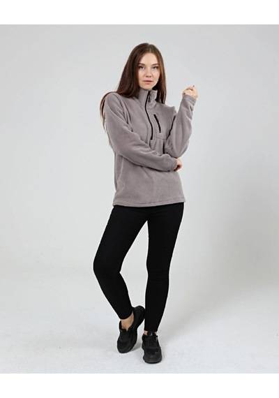 Genius Store Kadın Polar Yarım Fermuarlı Outdoor Cepli Spor Polar Gri Açık Gri
