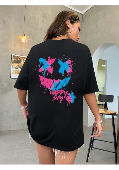 Startmore Coolane Yuvarlak Yaka Oversize Eğlenceli İfade Desenli Tişört Siyah