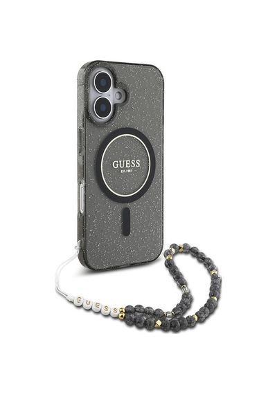 Apple iPhone 16 Uyumlu Kılıf Guess Lisanslı Magsafe Özellikli Simli Silikon İnci Bileklikli Siyah