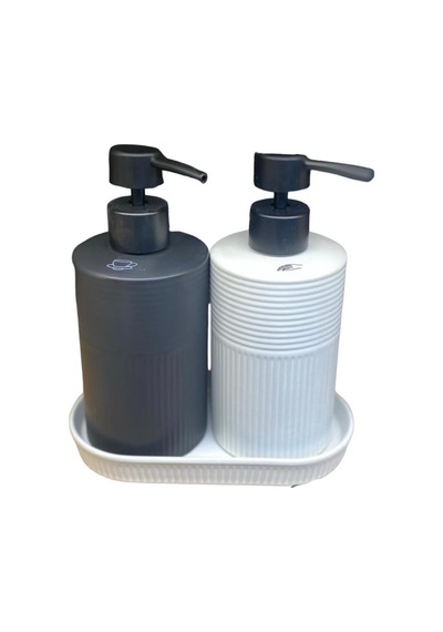 2 Li Stonware Seramik Sıvı Sabunluk 400ml + 400ml Tepsili