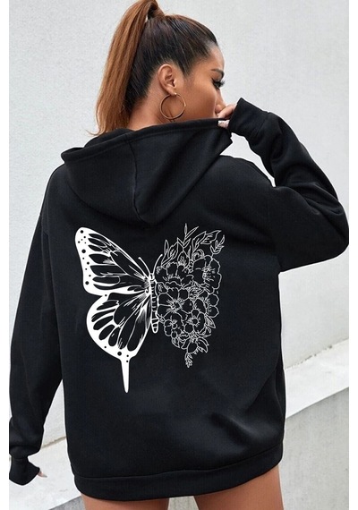 Uyguntarz Unisex Drawing Butterflies Sırt Baskılı Sweatshirt siyah