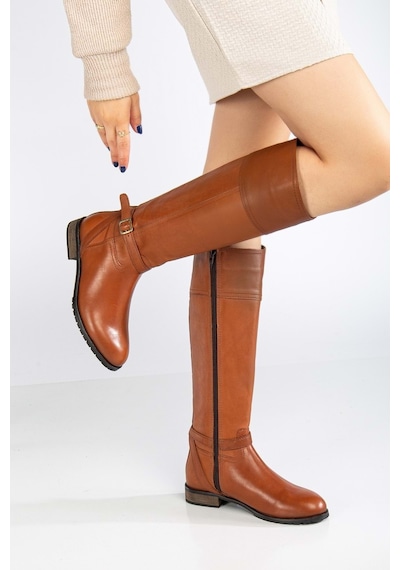 Analin Shoes Kadın Hakiki Deri Tokalı Binici Çizme Taba