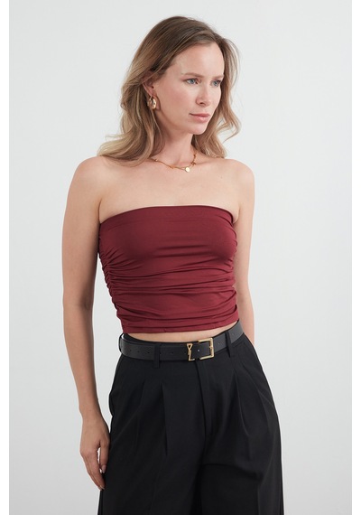 Fullamoda Basic Yanları Drapeli Straplez Büstiyer Bordo