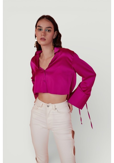 Holly Lolly Özel Dokulu Saten Crop Silky Gömlek Pembe