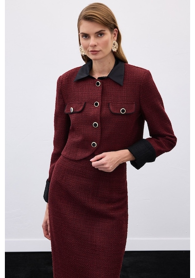 Sateen Kontrast Kısa Tüvit Ceket - Bordo-136337 Bordo