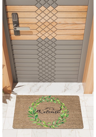Rugmood Modern Dijtal Baskı Yeşil Yaprak Welcome Dış Kapı Önü Paspası Çok Renkli