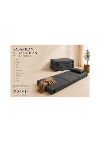 Zishome Tek Kişilik Multipurpose 5 İn 1 Antrasit Çift Kişilik Katlanır Süngerli Misafir Yer Yatağı Ve Balkon Minderi 7cm