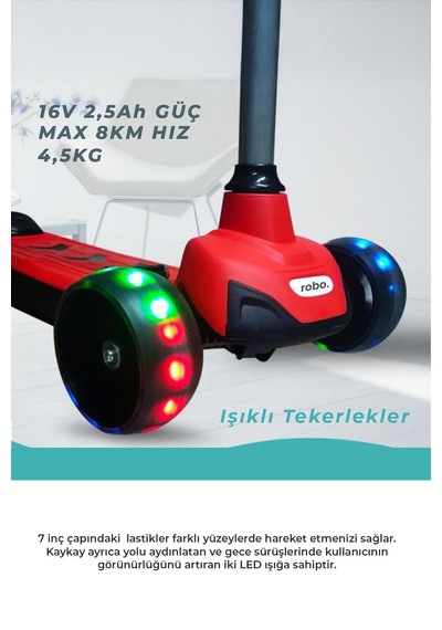 Elektrikli 3 Tekerlekli Çocuk Scooter Kırmızı