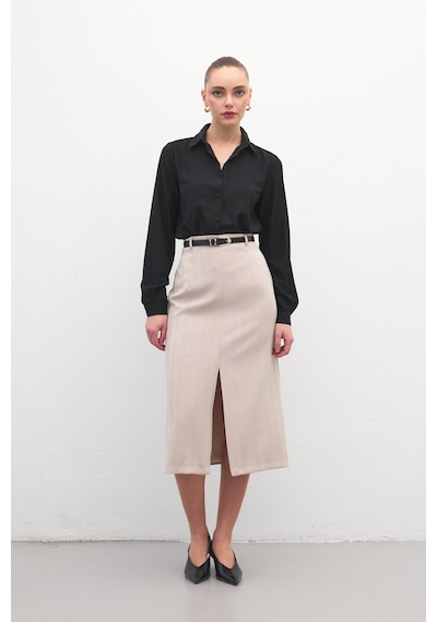 Sateen Anna Yırtmaçlı Etek - Bej-137173 Bej