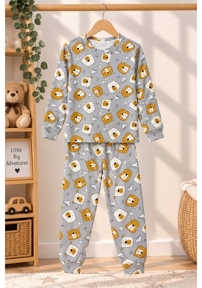 Free Beka Sevimli Desenli Bisiklet Yaka %100 Pamuklu İnterlok Kumaş Kız Ve Erkek Çocuk Uzun Kollu Pijama Takımı Gri