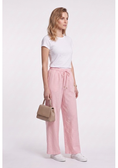 Ayhan Kadın Keten Karışımlı Geniş Paça Beli Bağcıklı Crop Pantolon 26ykrb71537 Pembe