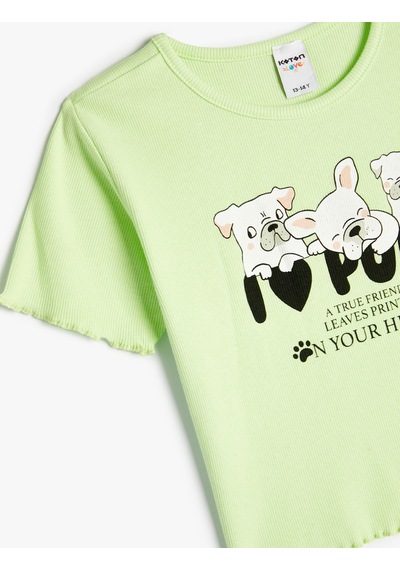 Koton Crop Tişört Köpek Baskılı Kısa Kollu Yuvarlak Yaka Pamuklu Yeşil 4skg10609ak Yeşil