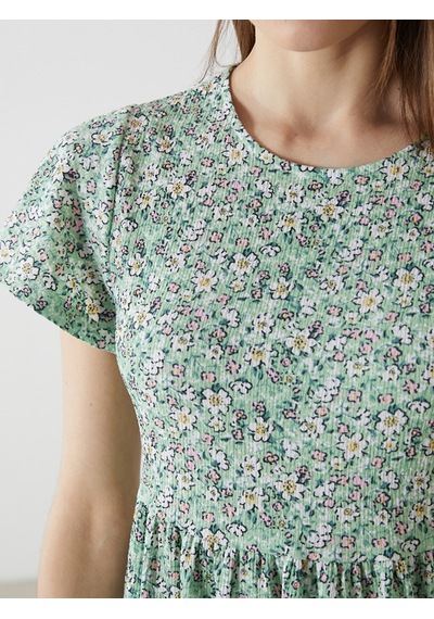 Lcw Comfort Yeşil Bisiklet Yaka Çiçekli Mini Elbise