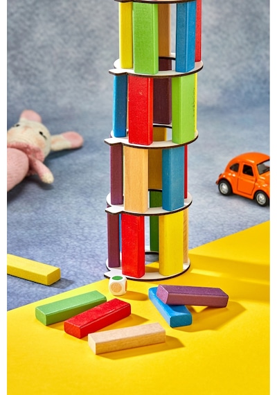 Renkli Tower Plus Jenga Büyük Boy Doğal Ahşap Denge Kule Oyunu Tower