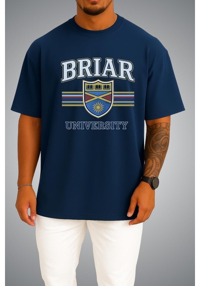Bahriyeli Collection Oversize Off Campus Briar University Göğüs Baskılı Beyaz Unisex T-shirt Lacivert