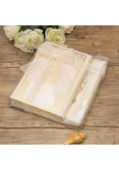 Hediyelik Kuran-ı Kerim, İnci Tesbih, Seccade, Asetat Kutulu 25x18 Cm Mevlid Paketi-krem