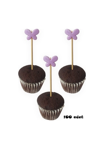 100 Adet Dekoratif Kelebek Boncuklu Cupcake Kürdanı 6 Cm Mor - Kelebek 15 Mm