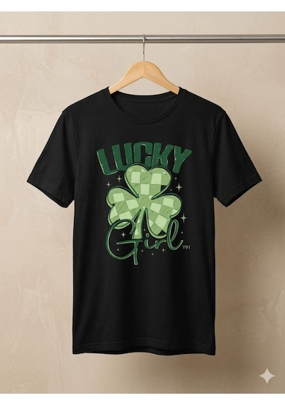 Kadın Lucky Girl Yonca Baskılı Kompakt T-shirt Siyah