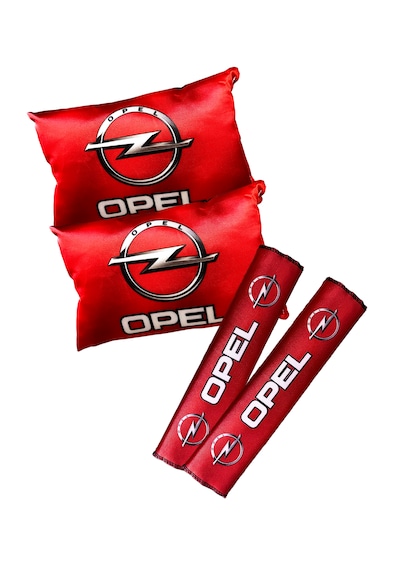 Opel Logolu Dijital Baskılı Kırmızı Araç Boyun Yastığı & Emniyet Kemer Pedi 2 Li Set Kırmızı