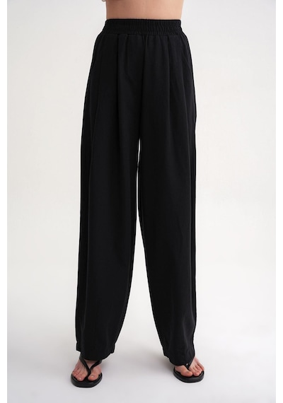 Mixray 4682 Kadın Beli Lastikli Jogger Bol Keten Pantolon Siyah