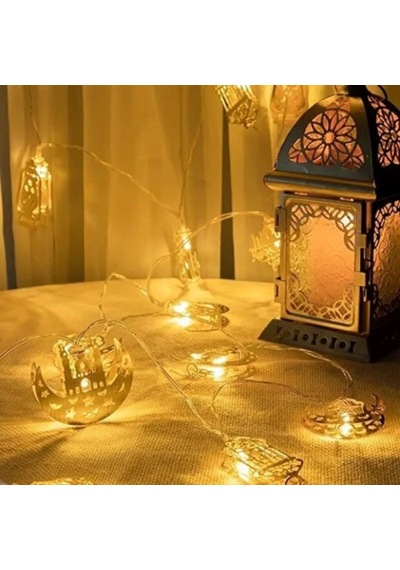 Ramazan Temalı Karışık Figürlü 2 Metre Pilli Gold Metal Dekoratif Led Işık Açık Sarı