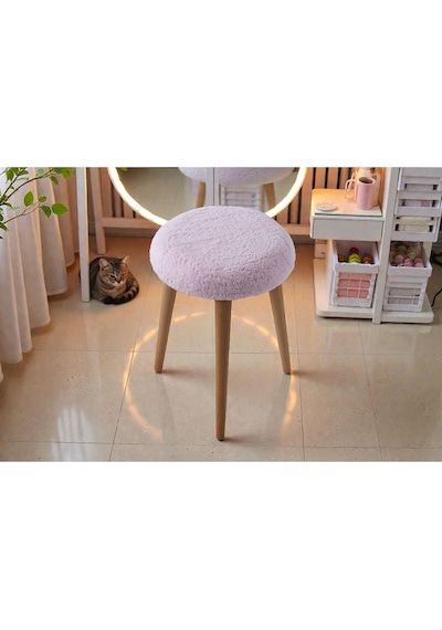 Modern Ahşap Ayaklı Teddy Kumaş Tabure Makyaj Masası & Ayak Dinlendirme Elegant Pembe Pembe