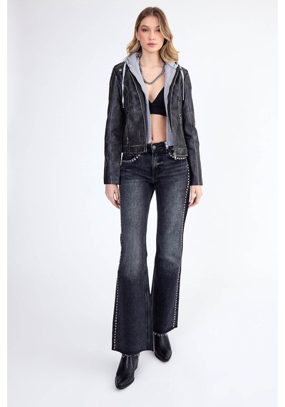 Vitrin Kapüşonlu Suni Deri Crop Biker Ceket Siyah