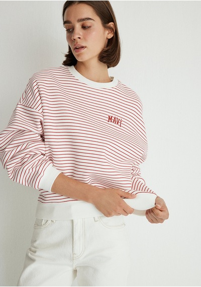 Mavi - Mavi Logo Baskılı Kırmızı Çizgili Sweatshirt 1s10100-86680 Kırmızı