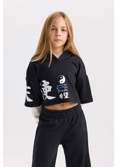 DeFacto Kız Çocuk 2'li Takım Bisiklet Yaka Baskılı Sweatshirt Beli Lastikli Jogger Eşofman Altı D4066A824WNBK26 Siyah