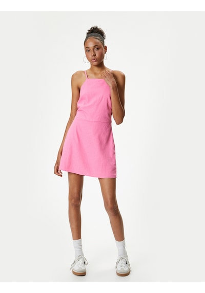 Koton Mini Salopet Tulum Keten Karışımlı Askılı Halter Yaka Pembe 4sal40132ıw Gül