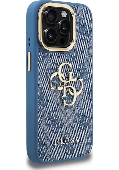 Apple Uyumlu iPhone 15 Pro Max Kılıf Guess Lisanslı Metal 4g Ve Yazı Logolu Kamera Standlı Kapak Mavi