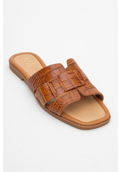 Luvishoes Luvi Shoes Notre Taba Baskı Hakiki Deri Kadın Terlik Taba
