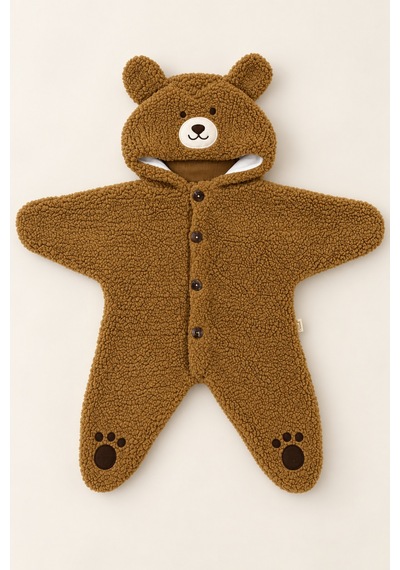 Beniizle 0-6 Ay Unisex Ayıcık Kapüşonlu Welsoft Bebek Tulum Kahverengi