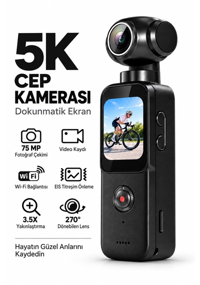5k Cep Kamerası 3.5x Zoom 270 Derece Dönebilen Lens Eıs Titreşim Önleme Wifi Bağlantısı 5k Uhd Video Kaydı 75mp Fotoğraf Çekimi Dokunmatik Ekran Hızlı Odaklanma Çoklu Dil Desteği Aksiyon Kamerası