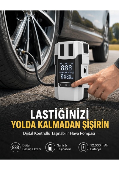 Araç Lastik Şişirme Pompası Ve Akü Takviye Powerbank Bir Arada Yeni Nesil 1