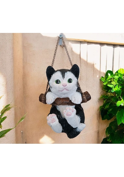 1 Adet Dekoratif Sallanan Duvar Ve Bahçe Süsü Kedi Siyah-beyaz