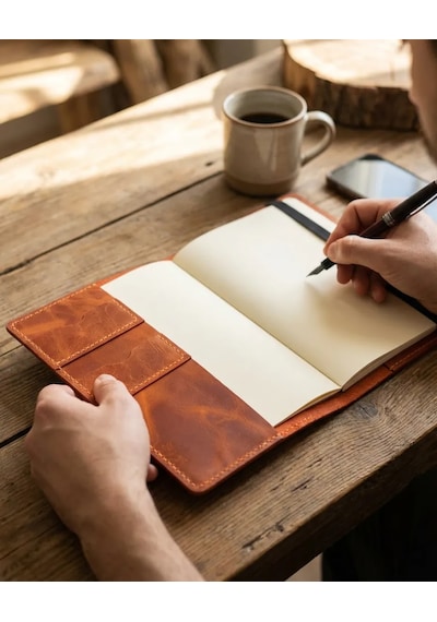 Bilikolik Hakiki Deri A5 Defter Kılıfı, El Yapımı, Telefon Cepli Ajanda Organizer, Defter Ve Kalem Dahil Turuncu