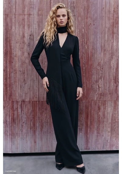 Sateen Püskül Fullarlı Krep Tulum Siyah