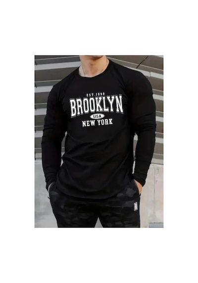 Caddemia Bol Ve Rahat Gündelik Spor Brooklyn Harfli Baskılı Yuvarlak Yakalı Siyah 2XL