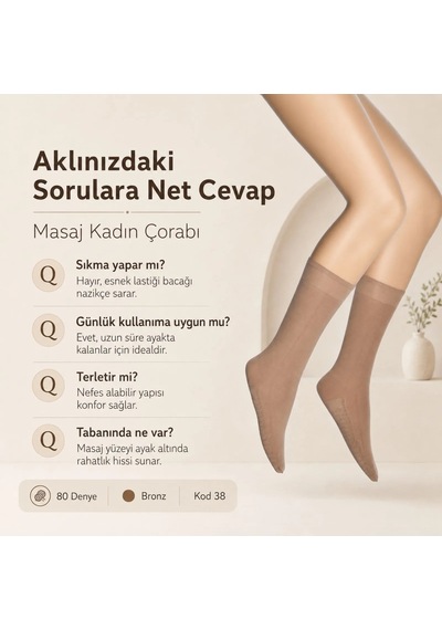 Genel Kadın 3'lü Anne Masaj Tabanlı Dizaltı Çorap 80 Denye Esnek Rahat Günlük Kul Bronz / 36-40 / 3 Adet