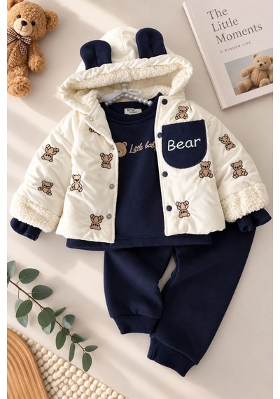Minigimin Cicileri Ayıcık Nakışlı İçi Peluş Şişme Montlu Erkek Bebek 3 Lü Takım - Lacivert