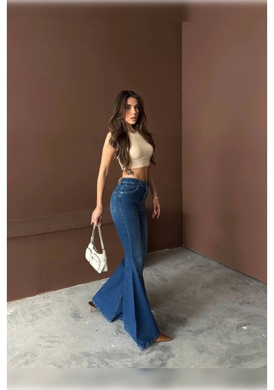 Extra Geniş Paça Yüksek Bel Likralı İspanyol Jeans Çok Renkli Extra Geniş Paça Yüksek Bel Likralı İspanyol Jeans Çok Renkli