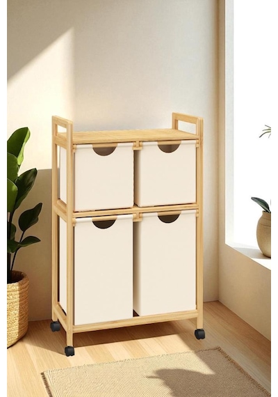 Bambu 4 Bölmeli Kirli Sepetli Çamaşır Sepeti Raflı Banyo Düzenleyici Db-0018 Kahverengi