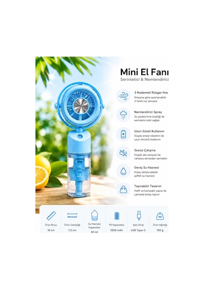 Glr K09 Mavi Şarjlı Sulu Mini Vantilatör 3 Kademeli Taşınabilir El Fanı, Nemlendiricili Buharlı Fan