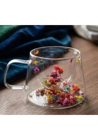 2li El Yapımı Gerçek Kuru Çiçekli Çift Cidarlı Cam Kupa Hediyelik Tasarım Çay Fincanı 250ml. Şefaf