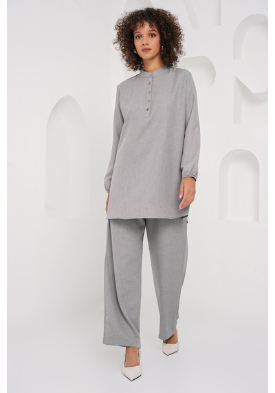 Bigdart 6678 Keten Tunik Pantolon İkili Takım - Gri