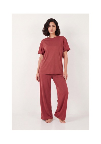 Lela Yumuşak Dokulu Bisiklet Yaka Lastikli Bel Kısa Kollu Pijama Takımı Bayan Pijama Takımı 65720102 Kiremit KİREMİT