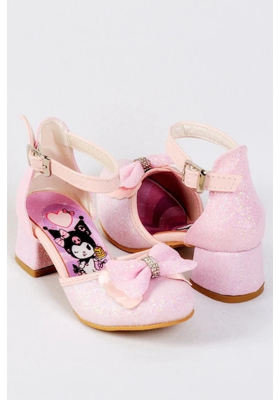 Nese Shoes Kız Çocuk Karakter Baskılı Topuklu Ayakkabı, Simli Fiyonklu Abiye Ayakkabı Pembe
