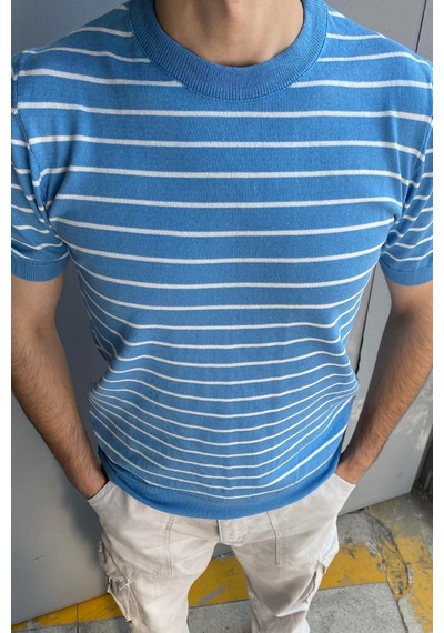 Cool Tarz Erkek Mavi Kısa Kollu Fitilli Akrilik-pamuk Karışımlı Triko T-shirt Mavi Mavi