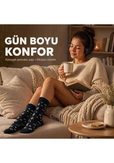 DS Wak Müzik Notalı Kadın Soket Çorap 36-40 Pamuklu Dikişsiz Burun Siyah Beyaz Uzun Konç